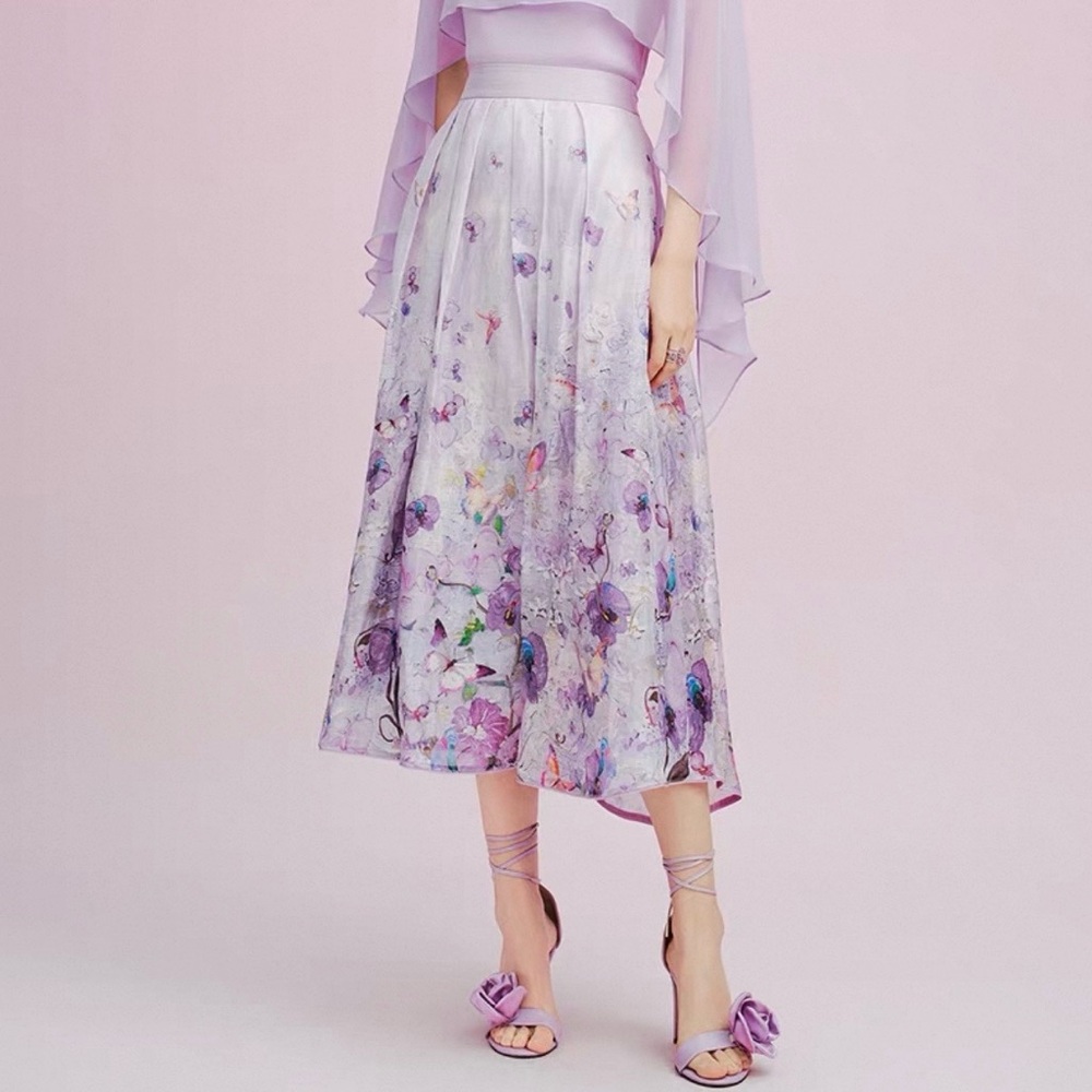 Chic Linen and Silk Lavender Floral Midi Skirt